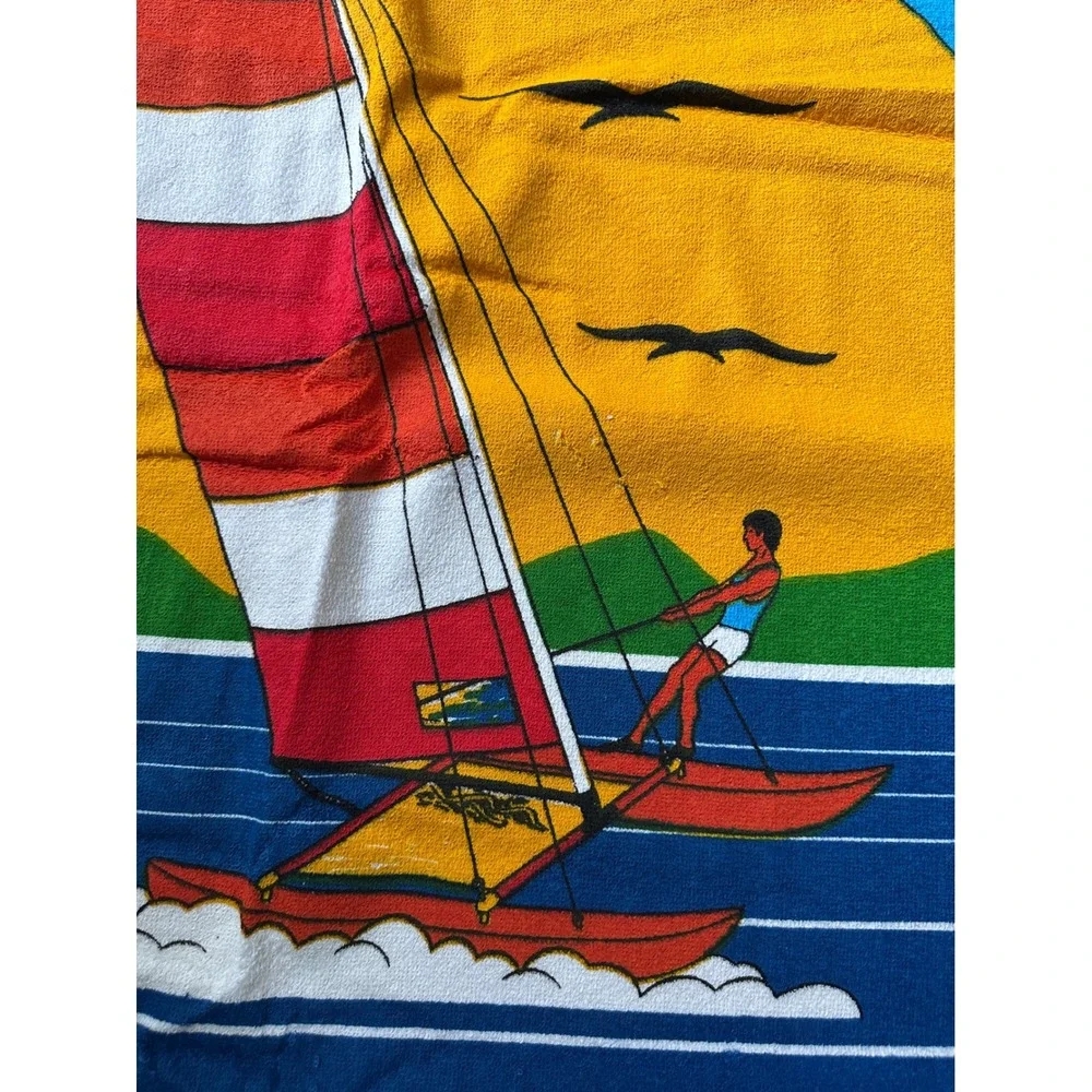 Vintage 80s Cobra Beach Blanket Towel Windsurfing Sailboat Tropical 55x72 Cotton